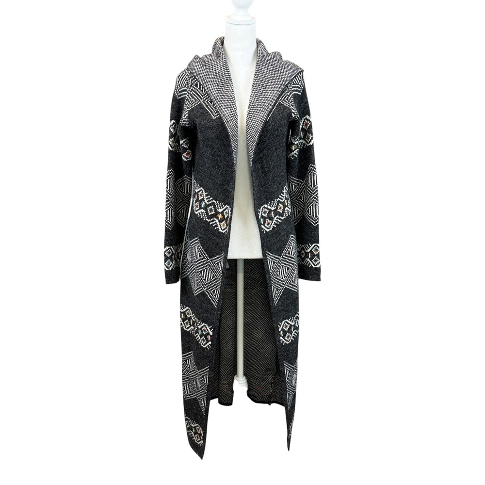 Sloni Hooded Duster Cardigan Women Medium Gray White Tribal Longline South Boho